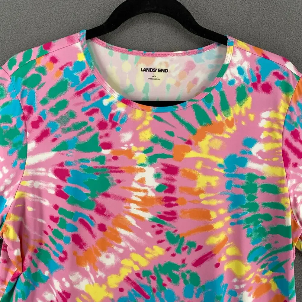 Lands‎ End Pink Tie Dye Rash Guard Kids L 14-16 Short Sleeve Pullover Swim Top